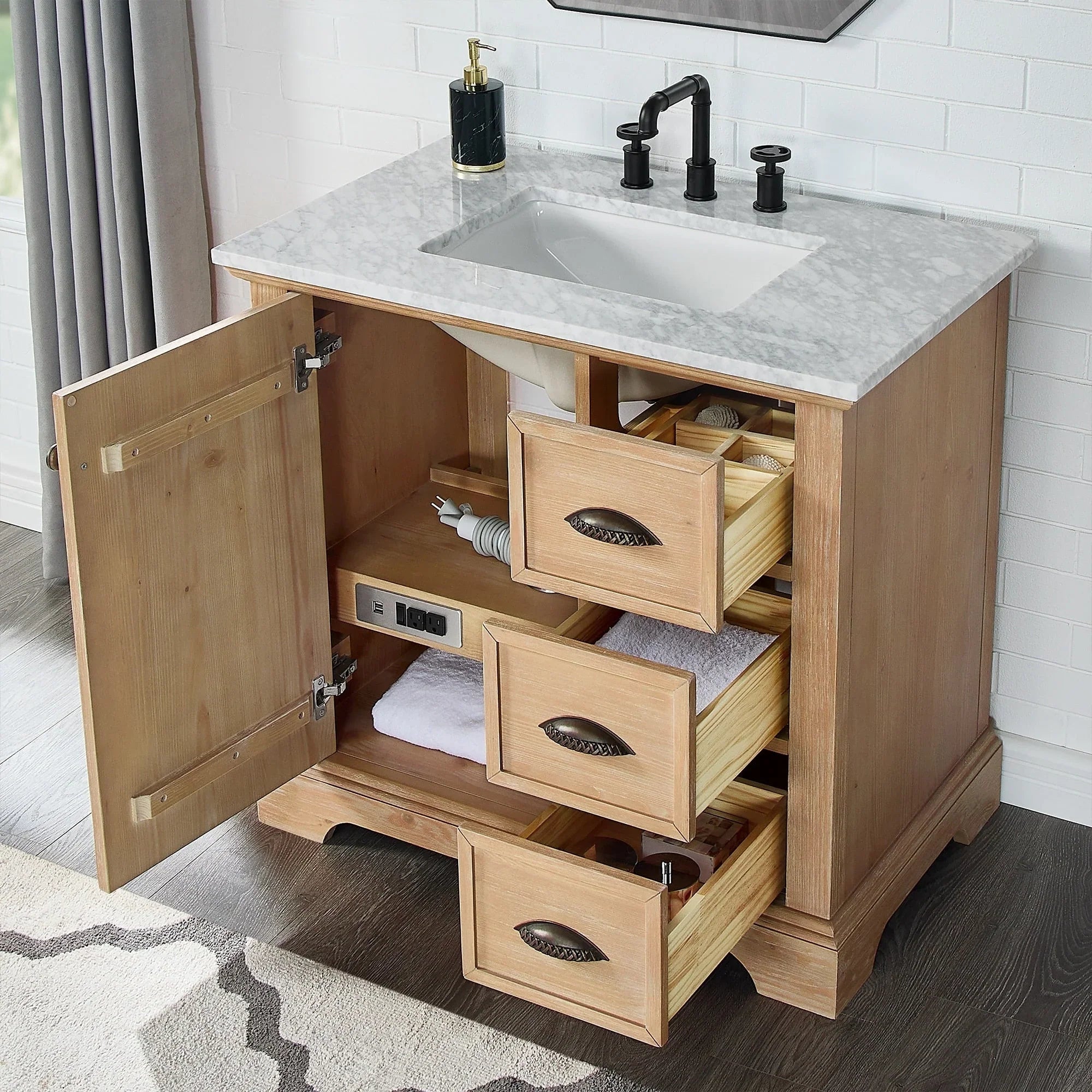 Hervas Bath Vanity with Natural Marble Top without Mirror