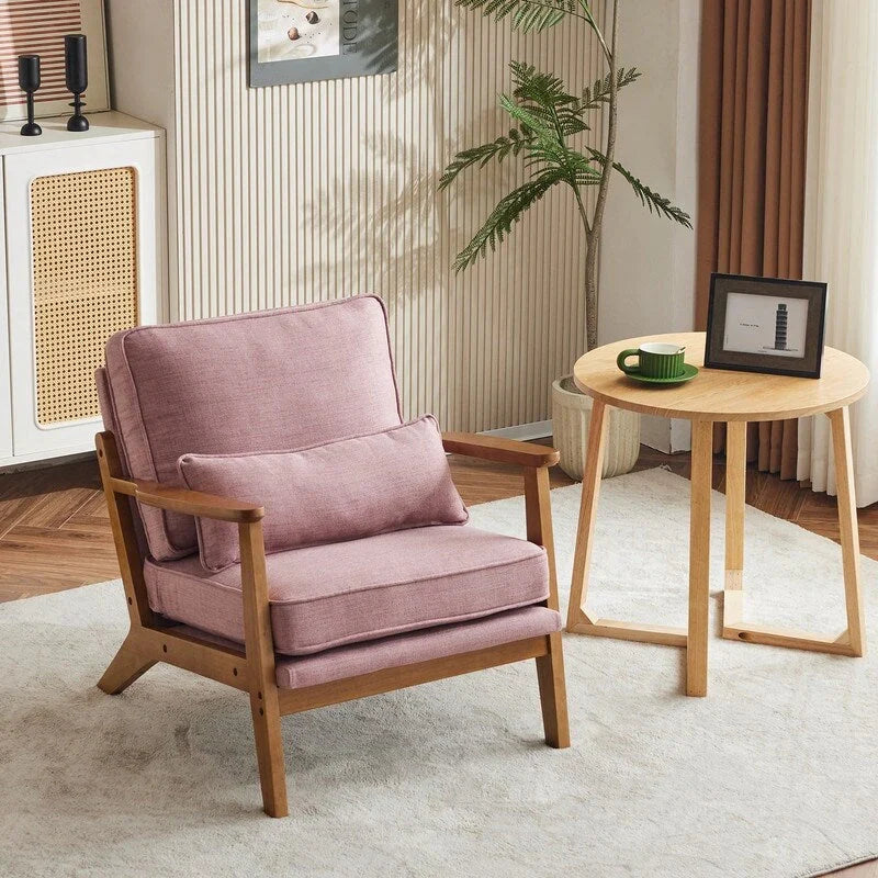 Poltrona d'accento rivestita in misto lino con gambe in legno e un cuscino, beige