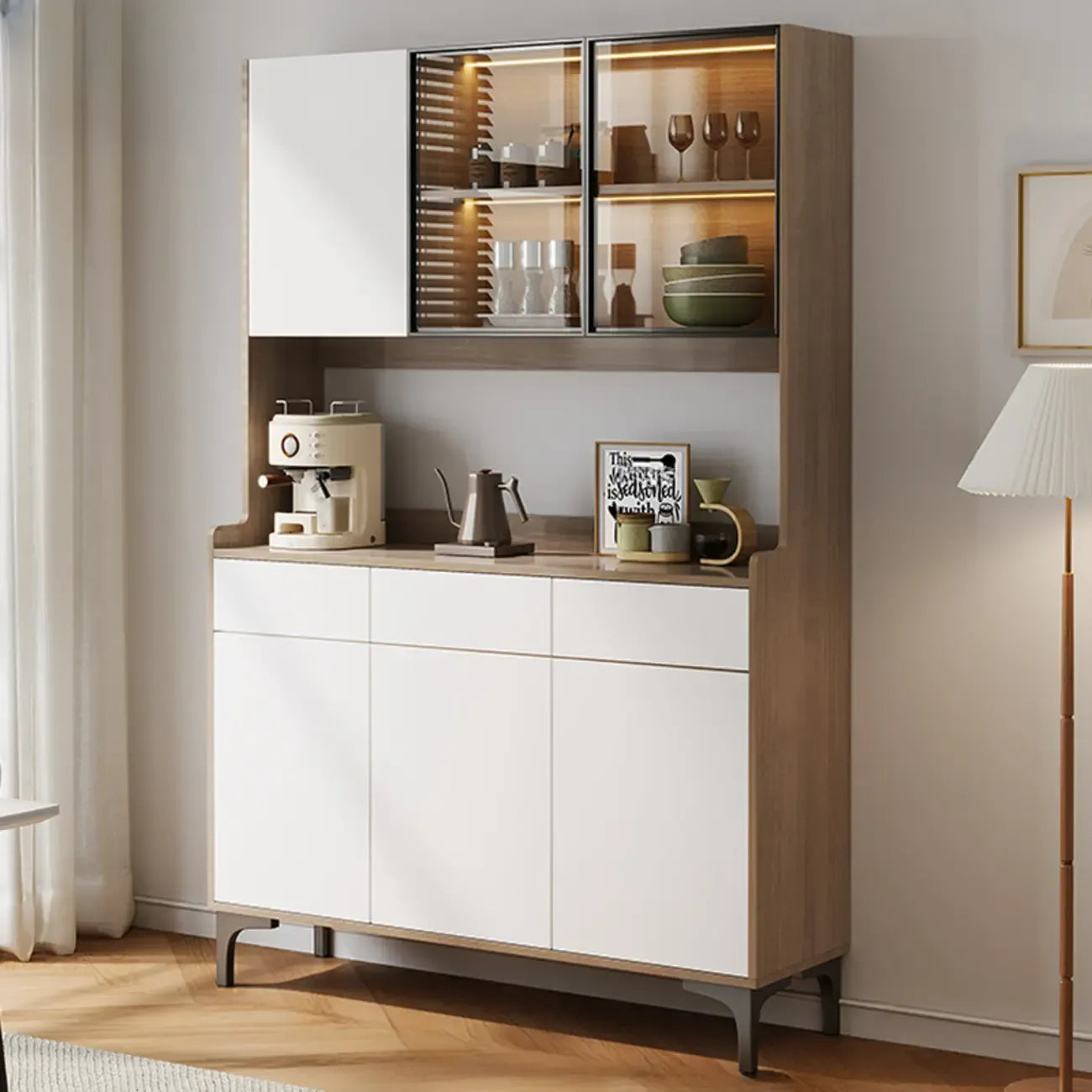 Large Wood Glass Doors Cabinet Sideboard with Hutch Top