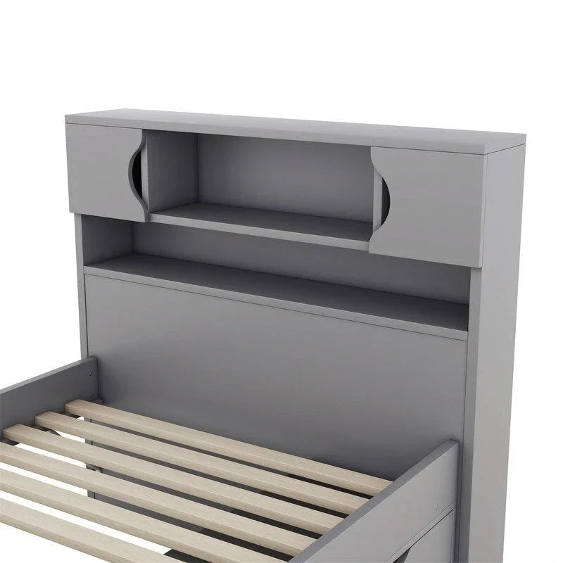 Letto a piattaforma Twin/Full Size Captain con 4 cassetti e mensole portaoggetti, struttura letto in legno massello con testiera libreria contenitore