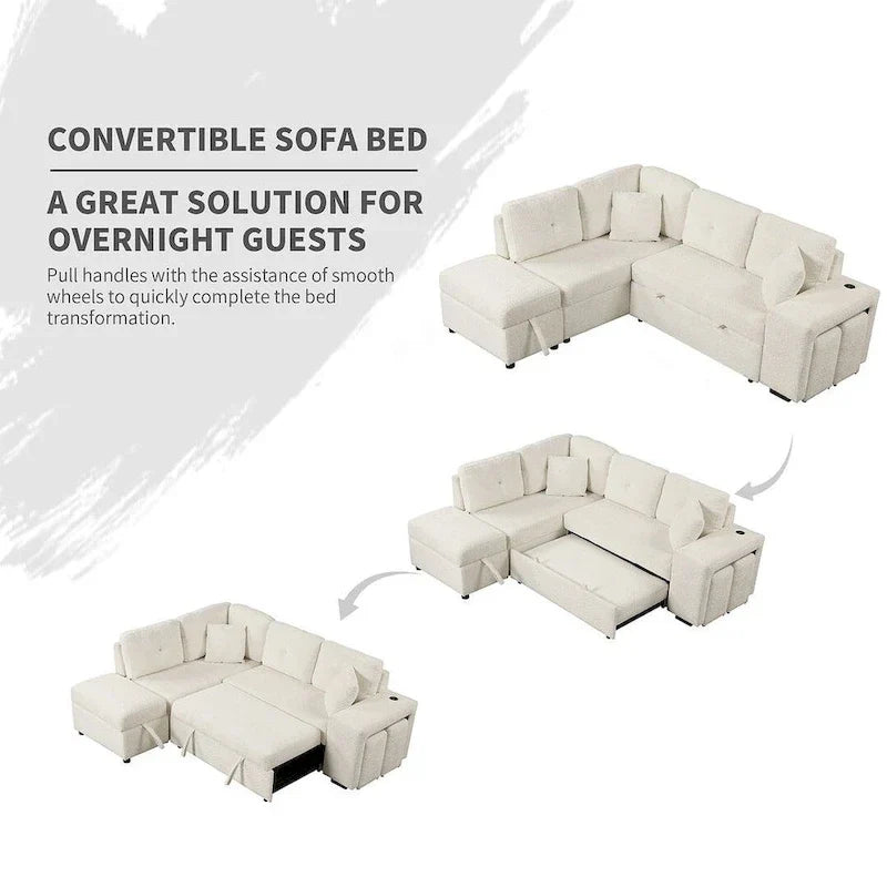 Divano componibile con letto estraibile e pouf contenitore, divano letto convertibile per soggiorno