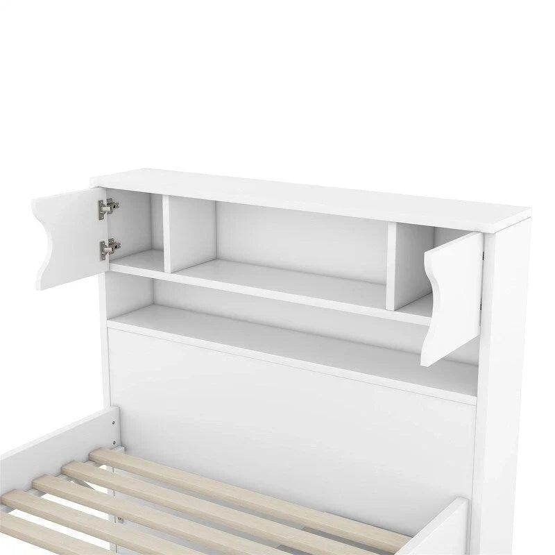 Letto a piattaforma Twin/Full Size Captain con 4 cassetti e mensole portaoggetti, struttura letto in legno massello con testiera libreria contenitore