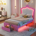 Letto Imbottito Singolo con Luci LED, Letto Imbottito Moderno da Principessa con Testiera a Corona, un Cassetto, Rosa+Bianco