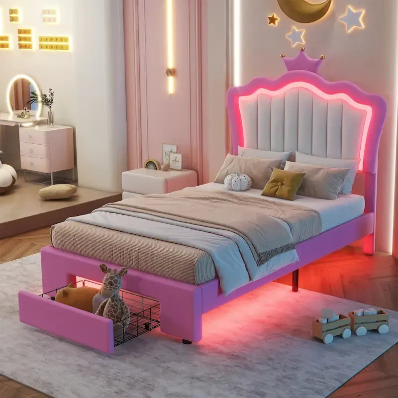 Letto Imbottito Singolo con Luci LED, Letto Imbottito Moderno da Principessa con Testiera a Corona, un Cassetto, Rosa+Bianco