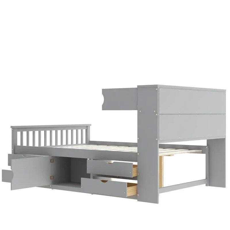 Letto a piattaforma Twin/Full Size Captain con 4 cassetti e mensole portaoggetti, struttura letto in legno massello con testiera libreria contenitore
