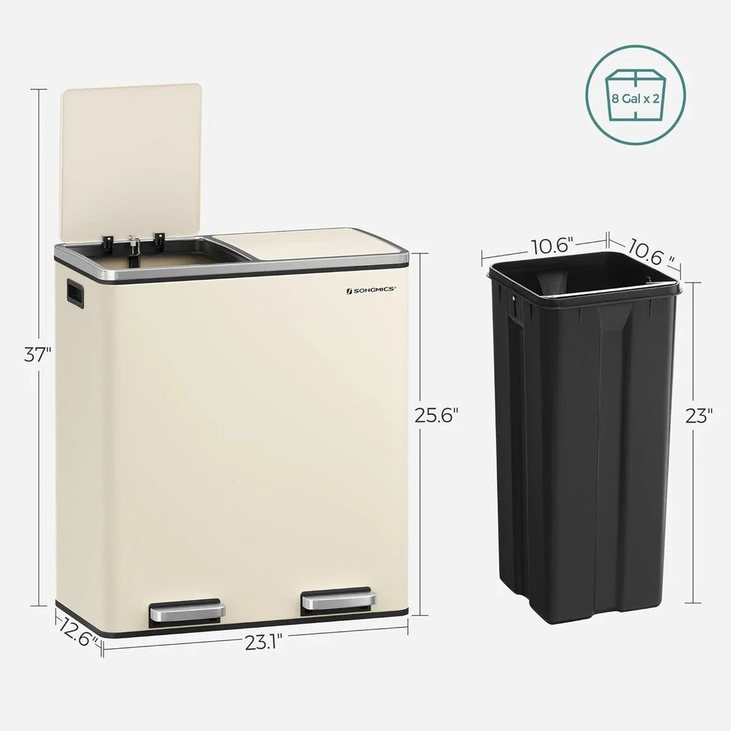 SONGMICS Pattumiera Doppia, 60L (16 Gallon) Contenitore per la Spazzatura in Acciaio Inossidabile, Mandorla