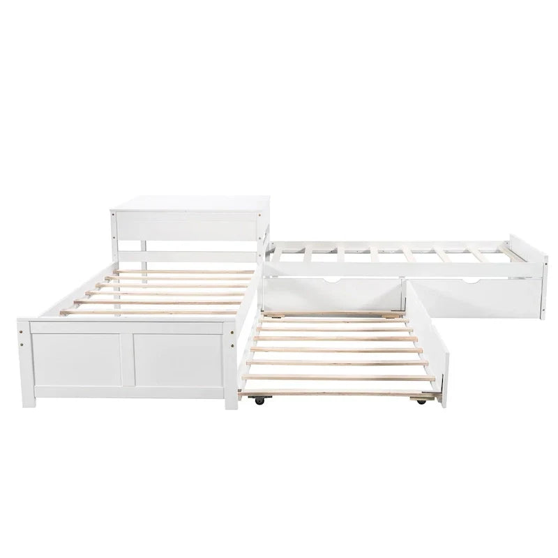 Letto a piattaforma a L moderno bianco per cameretta, dimensioni singole, con letto estraibile e cassetti