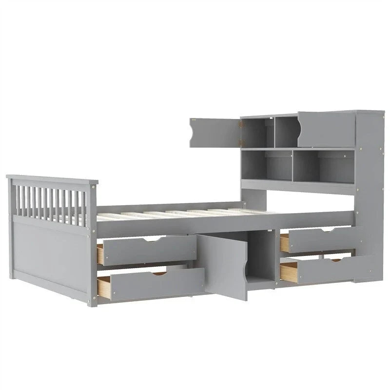 Letto a piattaforma Twin/Full Size Captain con 4 cassetti e mensole portaoggetti, struttura letto in legno massello con testiera libreria contenitore
