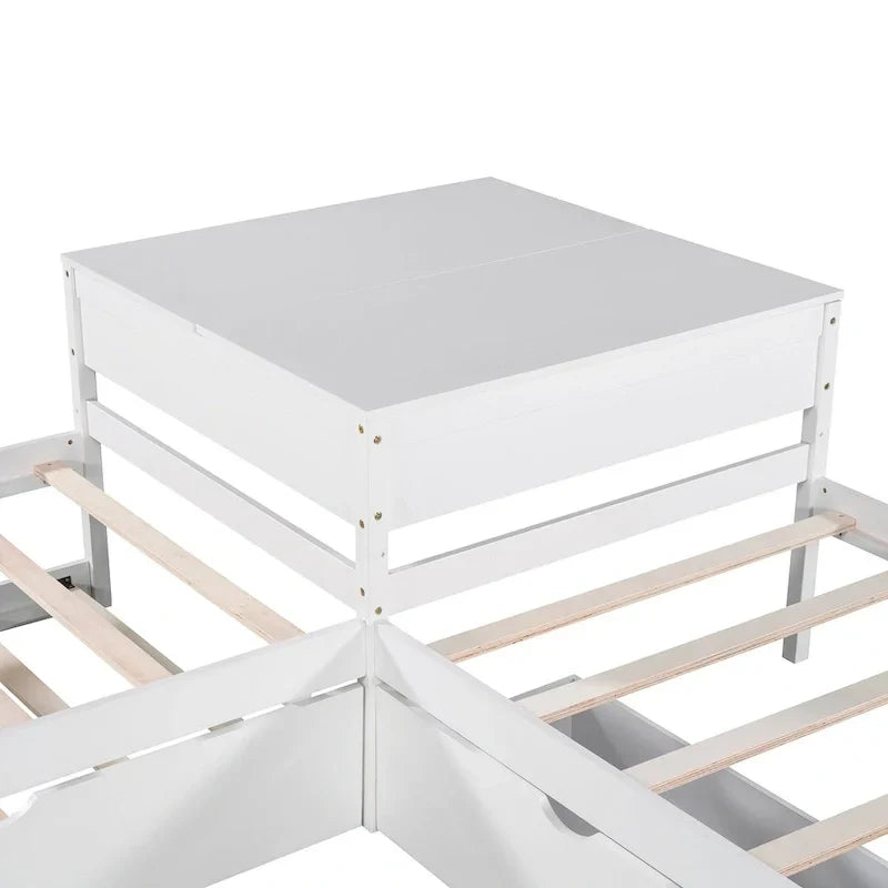 Letto a piattaforma a L moderno bianco per cameretta, dimensioni singole, con letto estraibile e cassetti
