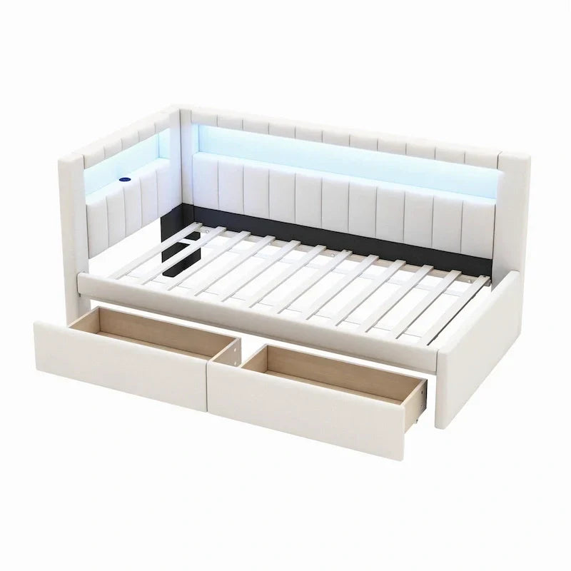 Letto imbottito a piattaforma con porte USB e illuminazione a LED - Struttura letto matrimoniale/singola con 2 cassetti portaoggetti - Camera da letto moderna