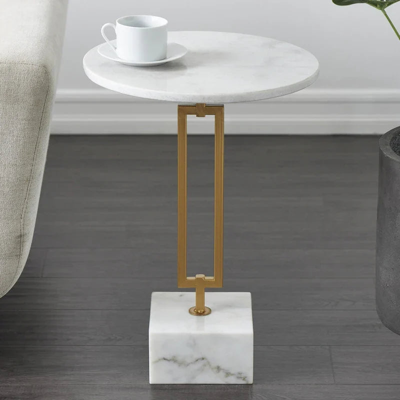 Marble Geometric Side End Accent Table with Gold Metal Rectangular Stand - White
