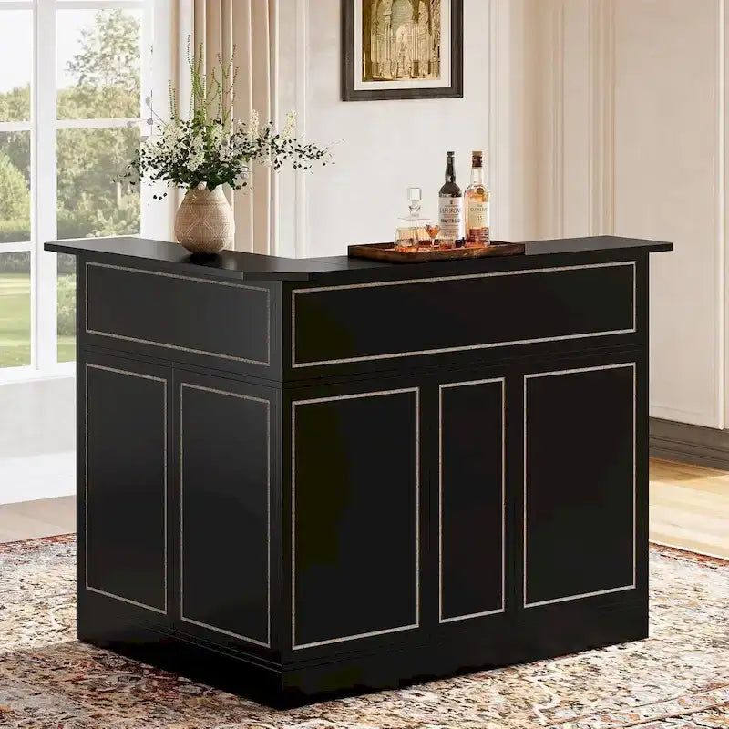 L-Shaped Bar Cabinet with Stemware Racks for Home Pub
