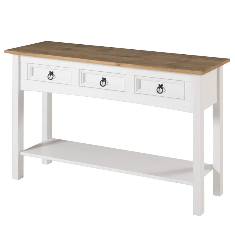 Tavolo Consolle Rustico in Pino Massiccio per Ingresso, Bianco Decapato / Marrone Antico / Grigio Decapato / Non Verniciato, 3 Cassetti