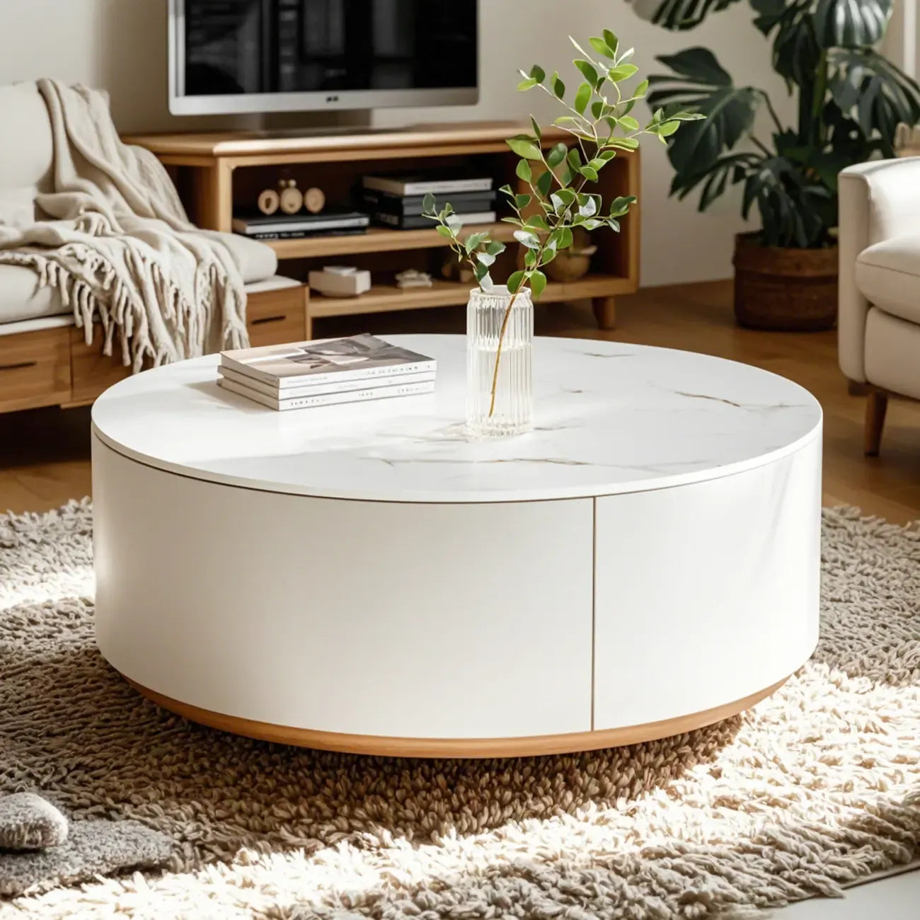 Tavolino da Caffè Rotondo Moderno Bianco in Legno con Cassetto a Tamburo