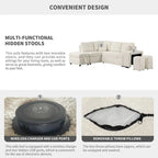 Divano componibile con letto estraibile e pouf contenitore, divano letto convertibile per soggiorno