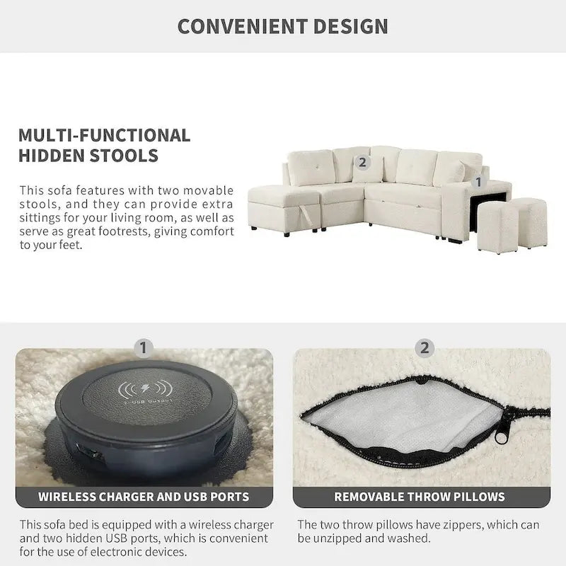 Divano componibile con letto estraibile e pouf contenitore, divano letto convertibile per soggiorno