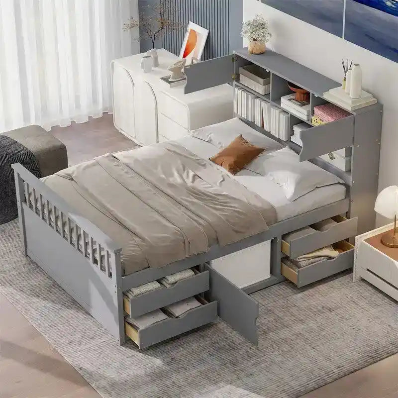 Letto a piattaforma Twin/Full Size Captain con 4 cassetti e mensole portaoggetti, struttura letto in legno massello con testiera libreria contenitore