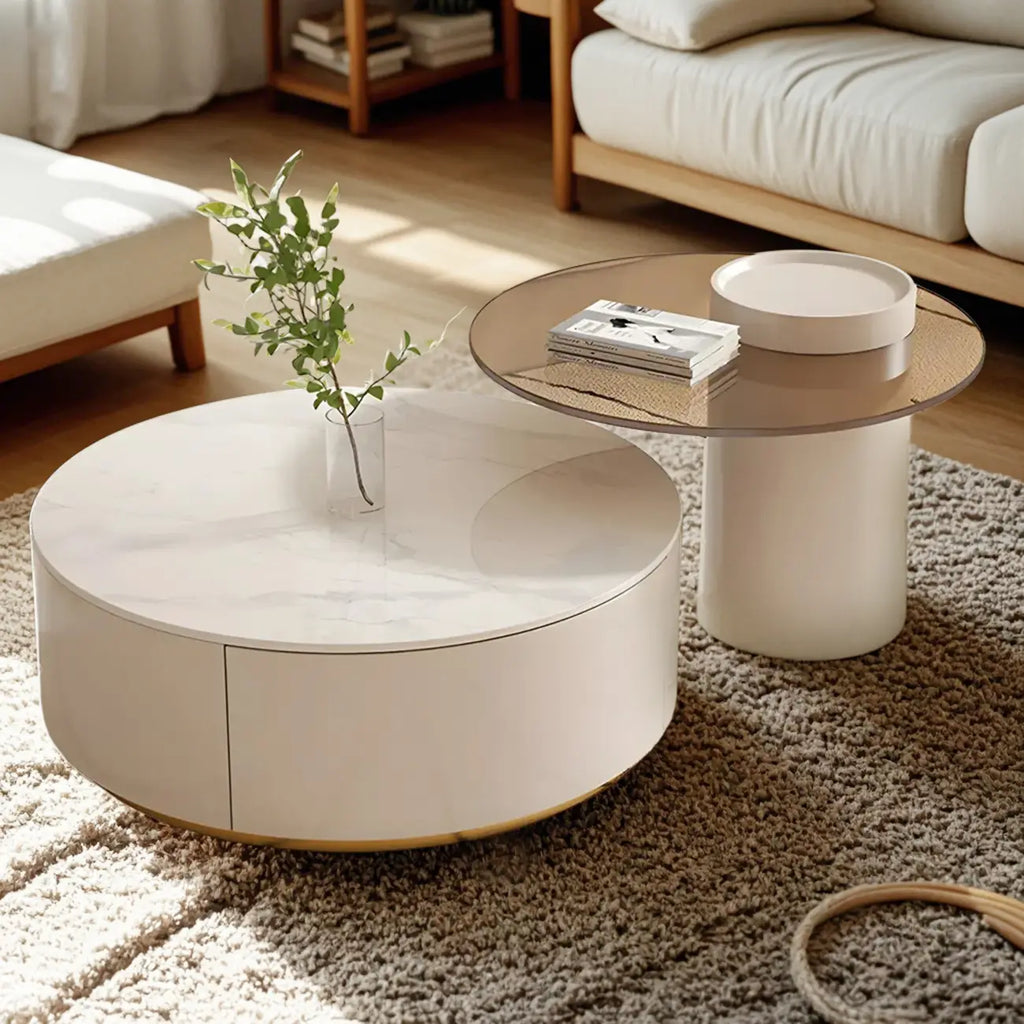 Tavolino da Caffè Rotondo Moderno Bianco in Legno con Cassetto a Tamburo
