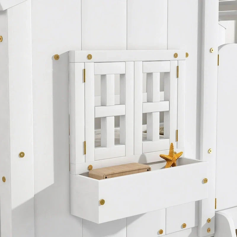 Letto a castello a casetta singolo su singolo con tetto, finestra, fioriera, porta, con sponde di sicurezza e scaletta, Grigio