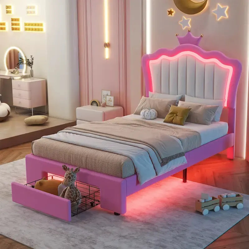 Letto Imbottito Singolo con Luci LED, Letto Imbottito Moderno da Principessa con Testiera a Corona, un Cassetto, Rosa+Bianco