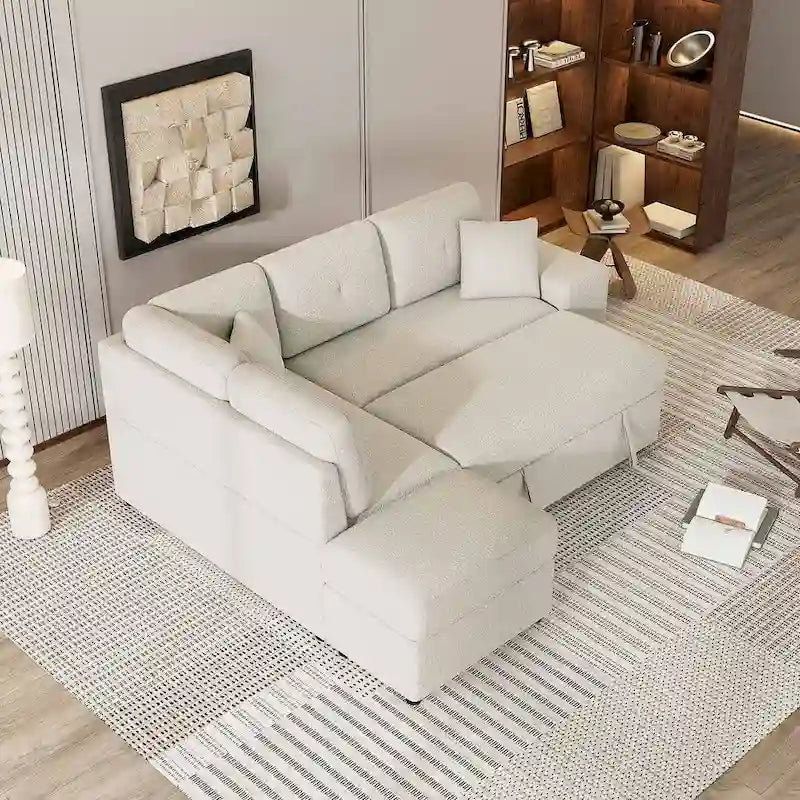 Divano componibile con letto estraibile e pouf contenitore, divano letto convertibile per soggiorno