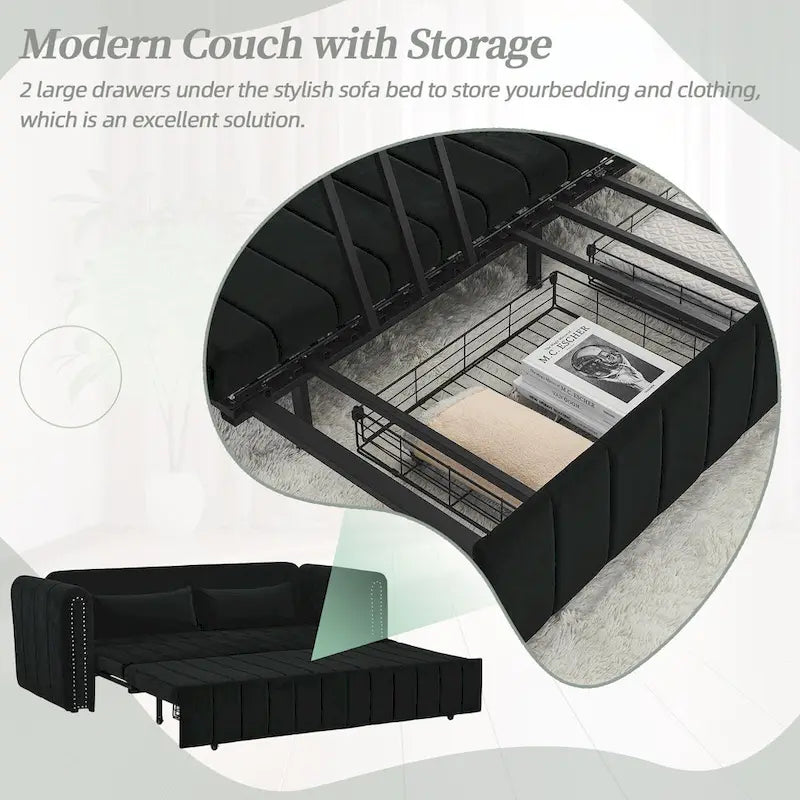Divano letto moderno convertibile imbottito in velluto con braccioli arrotolati decorati con borchie in rame