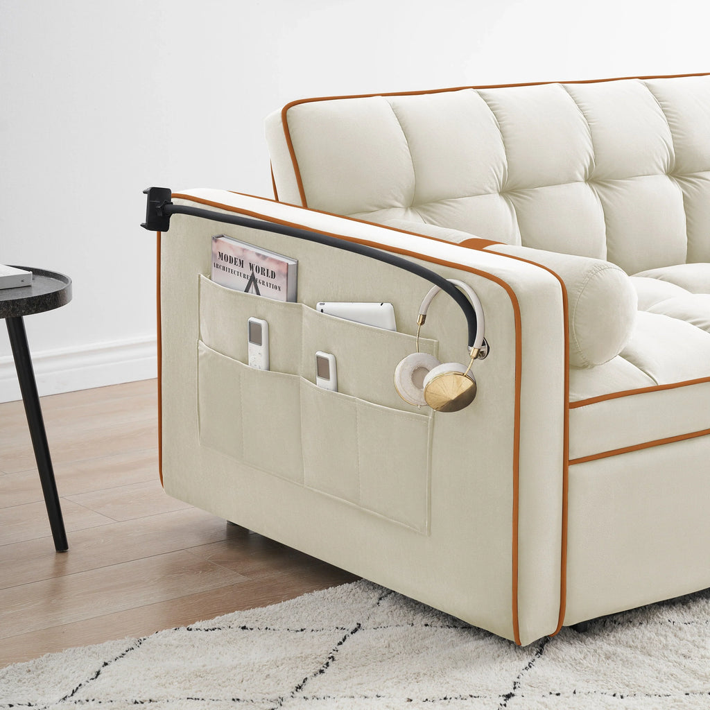 Divano letto trasformabile a 2 posti in velluto da 140 cm con letto estraibile, reclinabile, tasche laterali e supporto per telefono