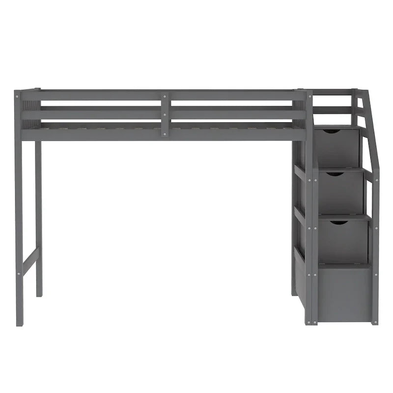 Letto a soppalco in legno per due persone con scale, sponde alte e scaletta
