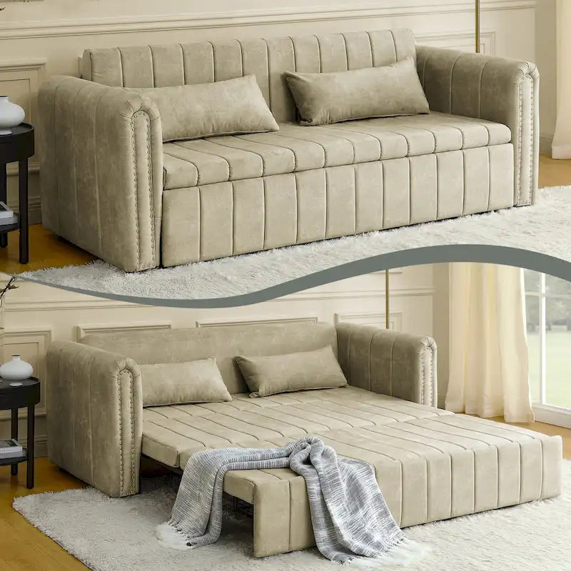 Divano letto moderno convertibile imbottito in velluto con braccioli arrotolati decorati con borchie in rame