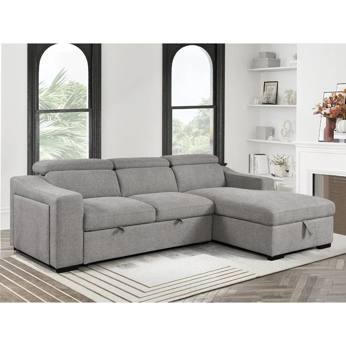 Divano componibile Roomfitters 103 con chaise longue contenitore, poggiatesta regolabili, divano angolare a L trasformabile in letto