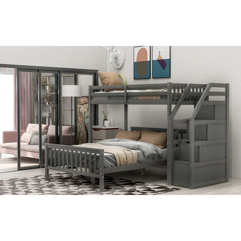 Letto a soppalco in legno per due persone con scale, sponde alte e scaletta