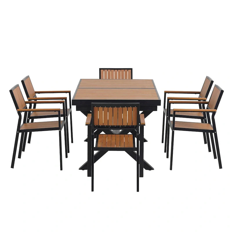 Set da pranzo all'aperto di 7 pezzi con tavolo allungabile e 6 sedie con braccioli