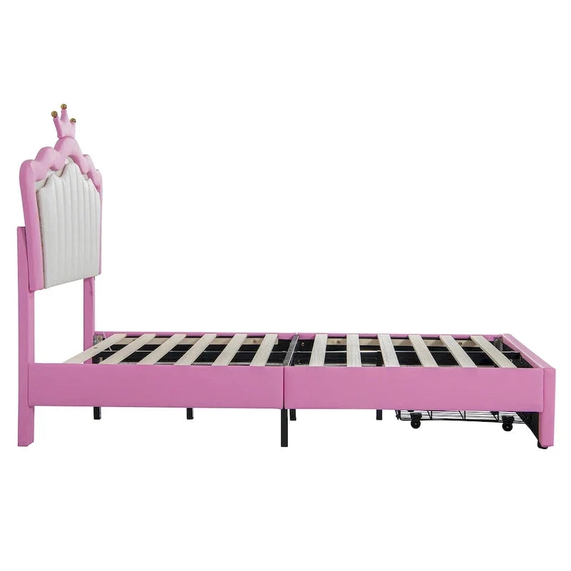 Letto Imbottito Singolo con Luci LED, Letto Imbottito Moderno da Principessa con Testiera a Corona, un Cassetto, Rosa+Bianco