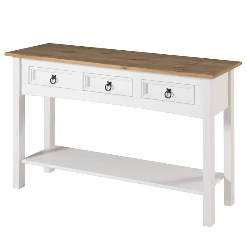 Tavolo Consolle Rustico in Pino Massiccio per Ingresso, Bianco Decapato / Marrone Antico / Grigio Decapato / Non Verniciato, 3 Cassetti