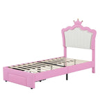 Letto Imbottito Singolo con Luci LED, Letto Imbottito Moderno da Principessa con Testiera a Corona, un Cassetto, Rosa+Bianco