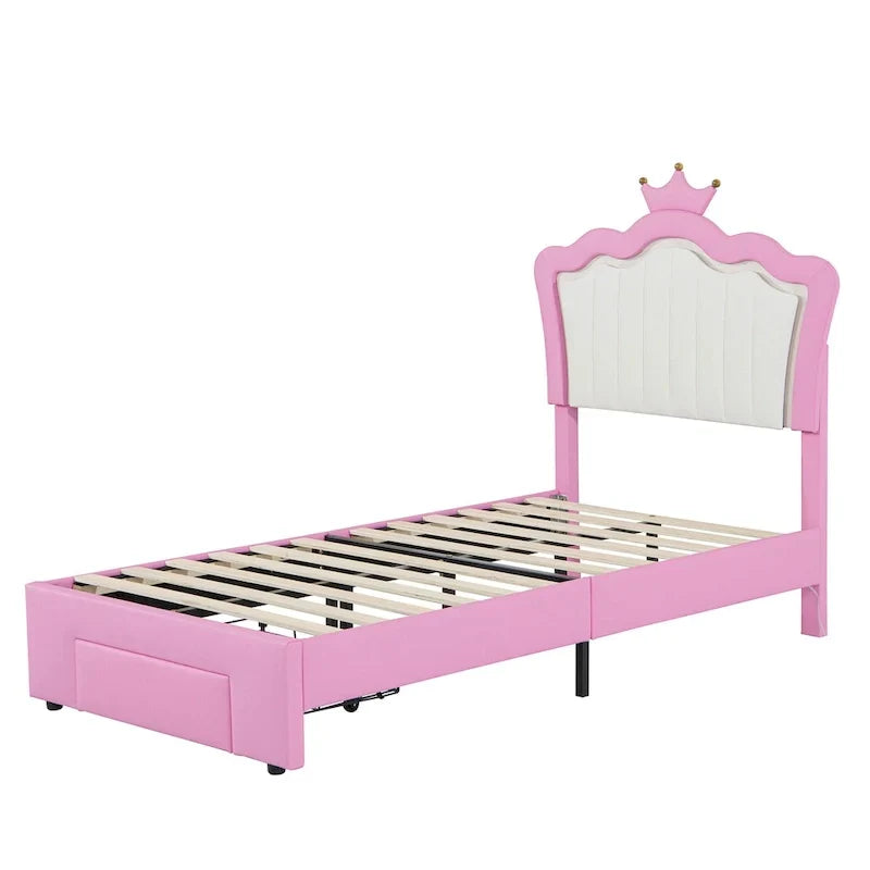 Letto Imbottito Singolo con Luci LED, Letto Imbottito Moderno da Principessa con Testiera a Corona, un Cassetto, Rosa+Bianco