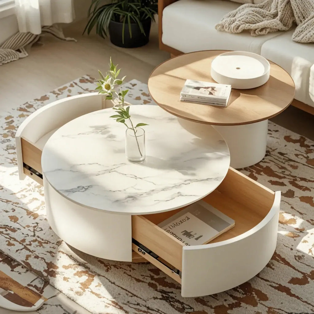 Tavolino da Caffè Rotondo Moderno Bianco in Legno con Cassetto a Tamburo