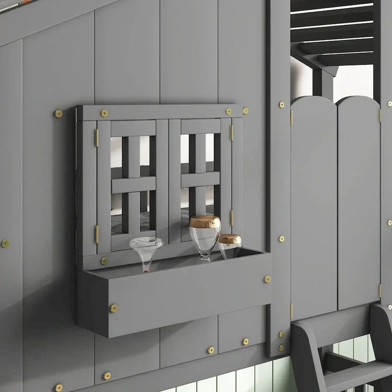 Letto a castello a casetta singolo su singolo con tetto, finestra, fioriera, porta, con sponde di sicurezza e scaletta, Grigio