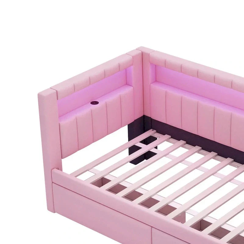 Letto imbottito a piattaforma con porte USB e illuminazione a LED - Struttura letto matrimoniale/singola con 2 cassetti portaoggetti - Camera da letto moderna