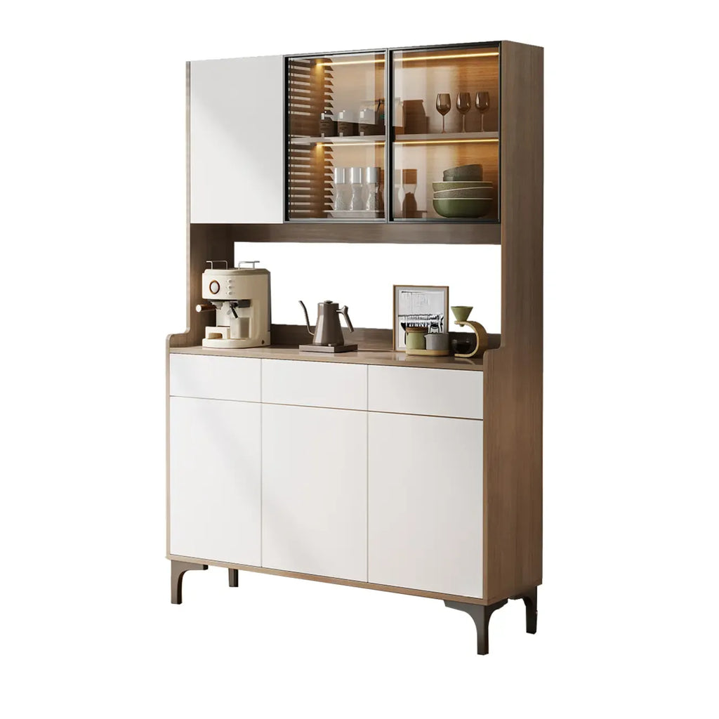 Large Wood Glass Doors Cabinet Sideboard with Hutch Top