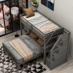 Letto a soppalco in legno per due persone con scale, sponde alte e scaletta