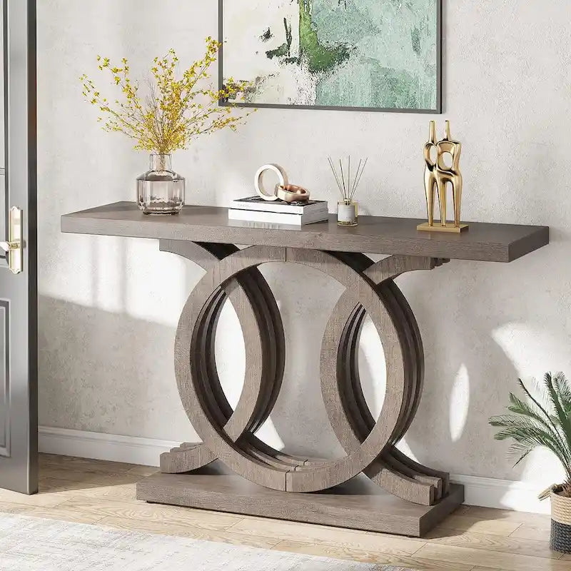 Consolle Vintage con Base Geometrica Tavolo da Ingresso in Legno
