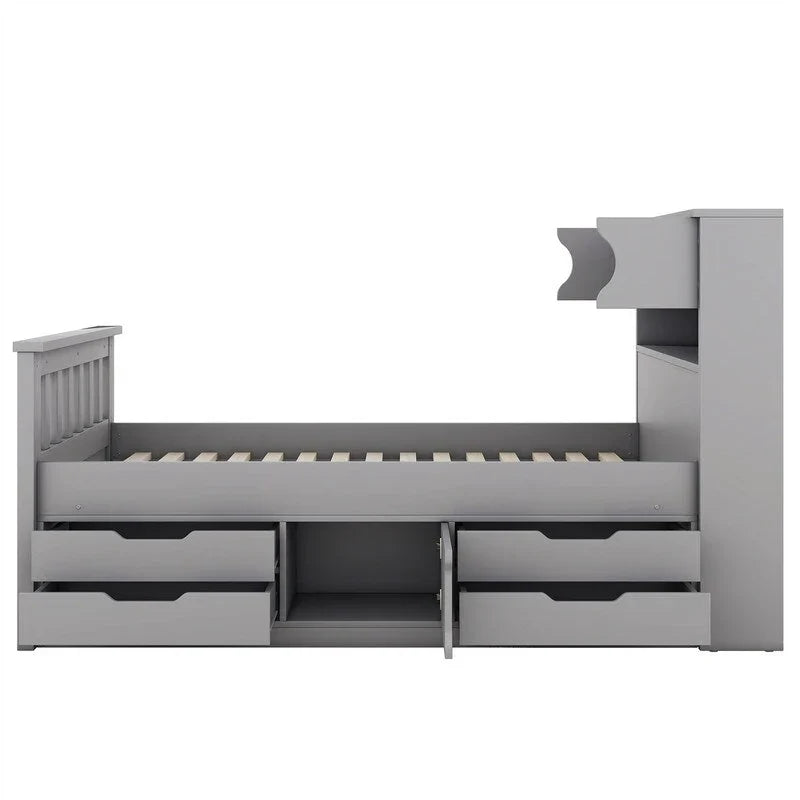 Letto a piattaforma Twin/Full Size Captain con 4 cassetti e mensole portaoggetti, struttura letto in legno massello con testiera libreria contenitore