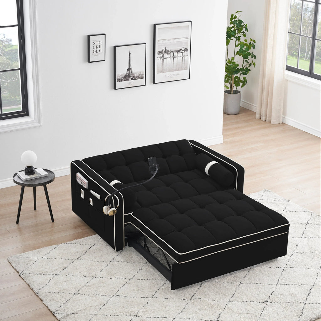 Divano letto trasformabile a 2 posti in velluto da 140 cm con letto estraibile, reclinabile, tasche laterali e supporto per telefono