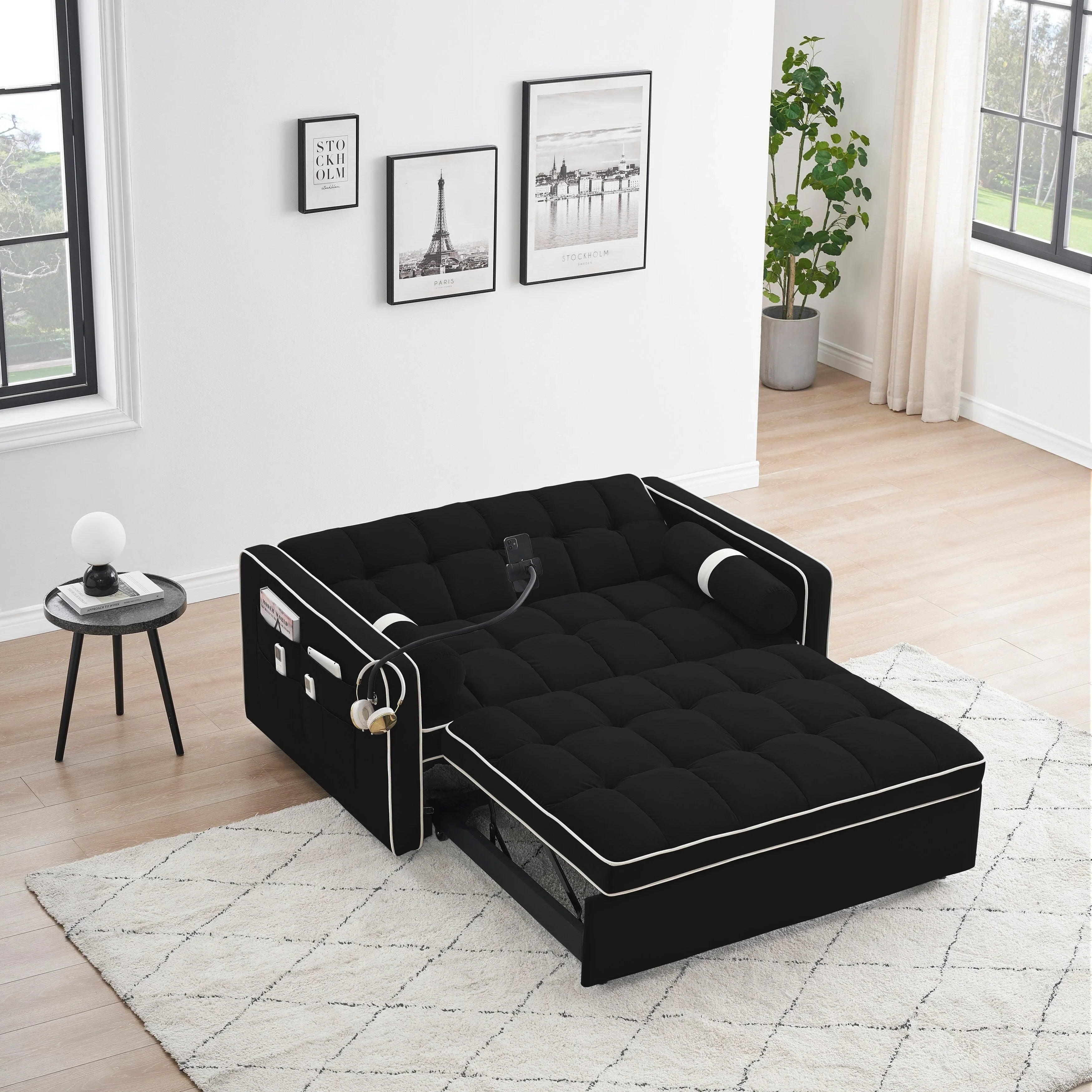 Divano letto trasformabile a 2 posti in velluto da 140 cm con letto estraibile, reclinabile, tasche laterali e supporto per telefono