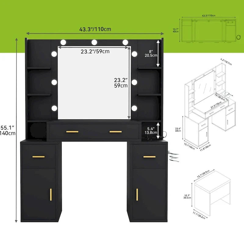 Toeletta con prese incorporate e specchio illuminato, 55,1A x 43,3L x 15,74P