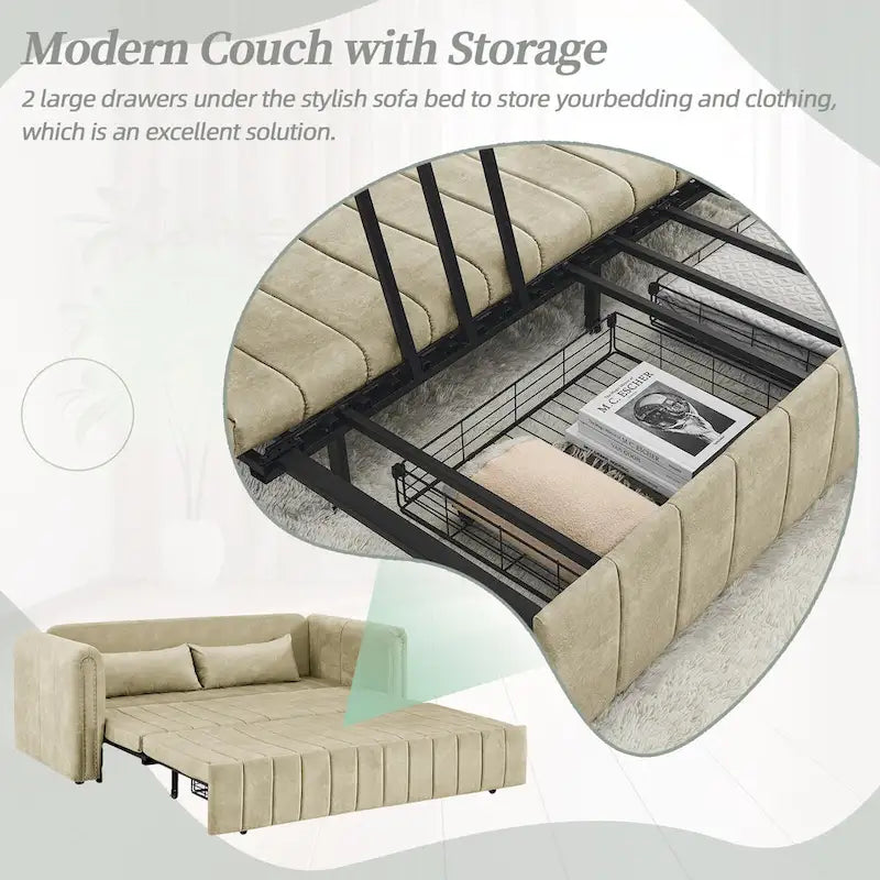 Divano letto moderno convertibile imbottito in velluto con braccioli arrotolati decorati con borchie in rame