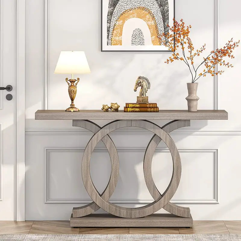 Consolle Vintage con Base Geometrica Tavolo da Ingresso in Legno