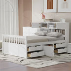 Letto a piattaforma Twin/Full Size Captain con 4 cassetti e mensole portaoggetti, struttura letto in legno massello con testiera libreria contenitore
