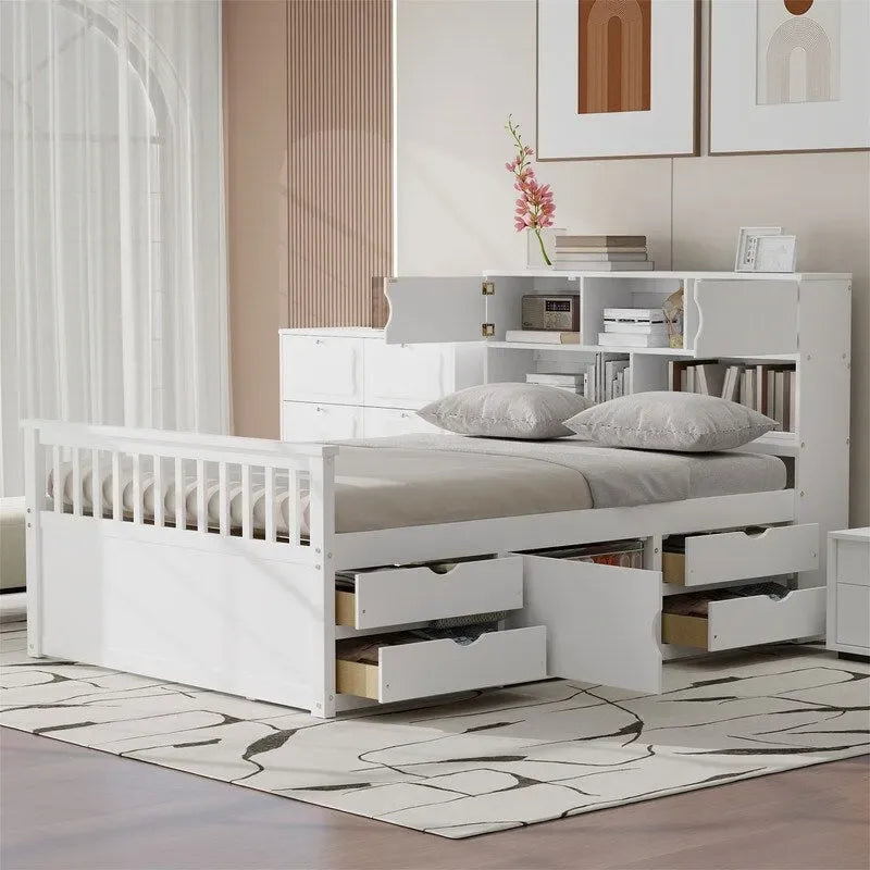 Letto a piattaforma Twin/Full Size Captain con 4 cassetti e mensole portaoggetti, struttura letto in legno massello con testiera libreria contenitore